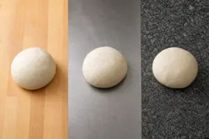 Drei Arbeitsflächen im Vergleich – Holz, Edelstahl und Granit, jeweils mit einem Teigball, für den Pizzateig-Arbeitsflächentest