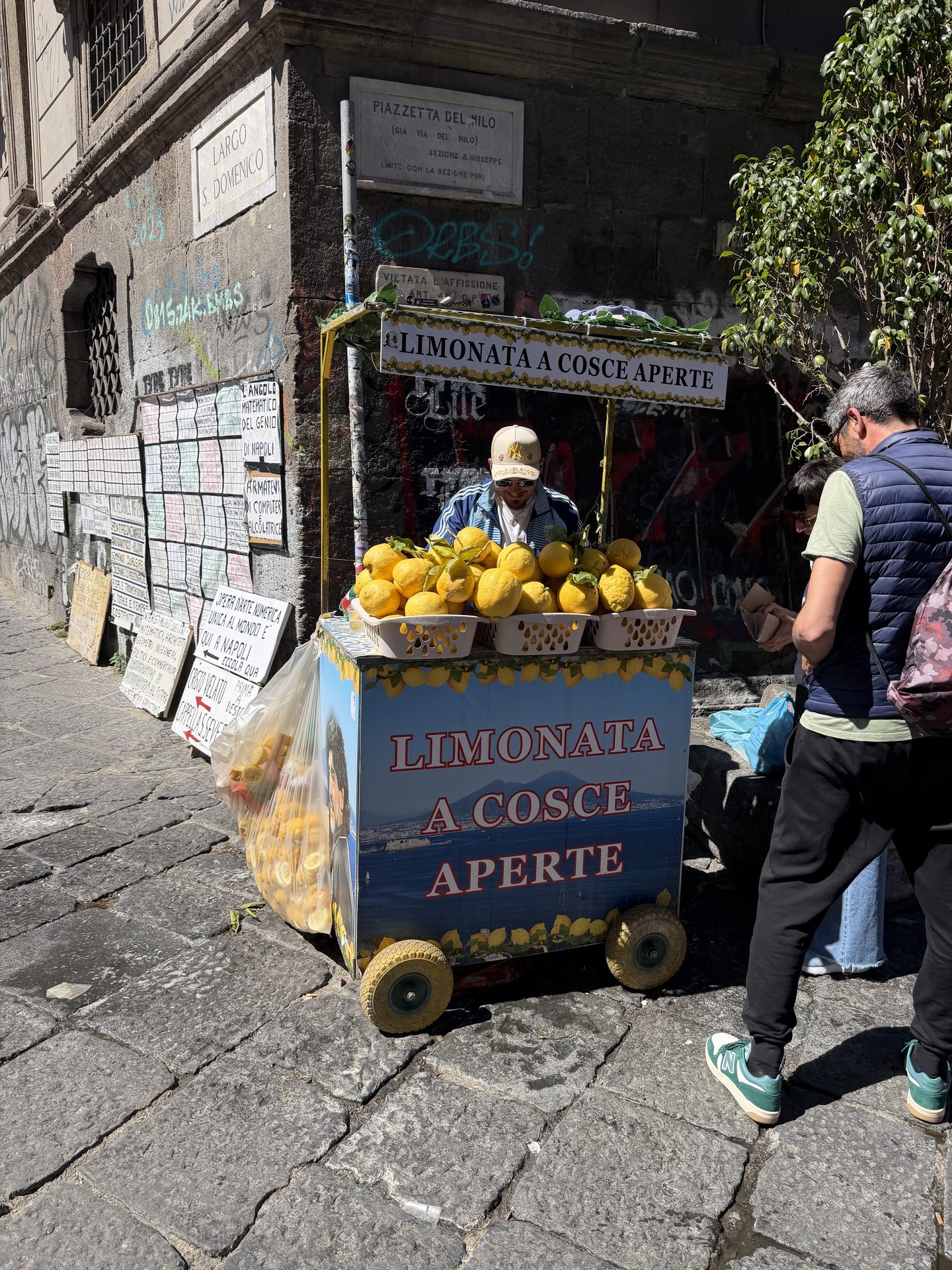 Straßenhändler mit frischen Zitronen und dem berühmten Limonata-Wagen in den Gassen von Neapel