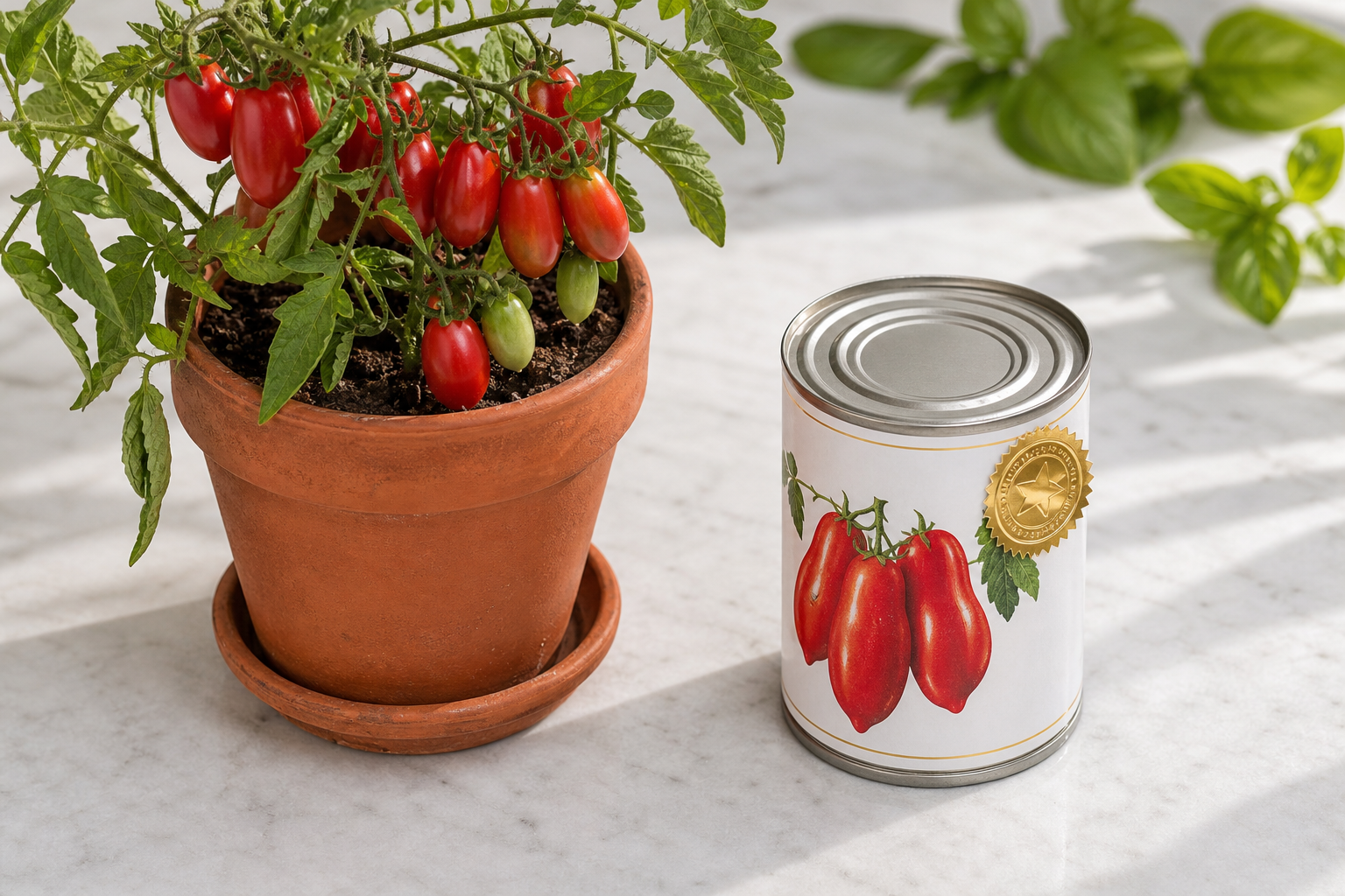 San Marzano Tomatenpflanze im Terrakotta-Topf neben offizieller DOP-zertifizierter Dose – selbst angebaute San Marzano Tomaten tragen kein DOP-Siegel