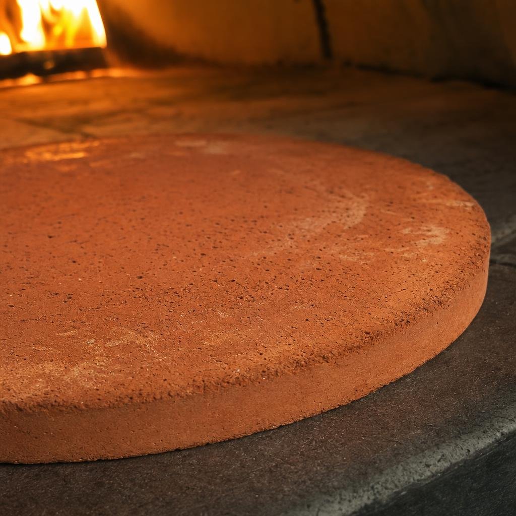 Biscotto di Sorrento Pizzastein mit charakteristischer Terrakotta-Farbe im Holzofen – poröse handgefertigte Oberfläche