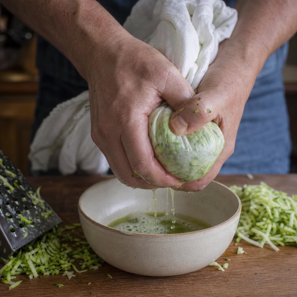 Zucchini in Küchentuch ausdrücken – wichtigster Schritt für die Zucchinicreme