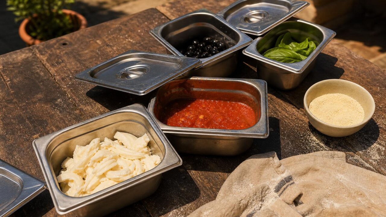 Pizza Belag-Station mit GN-Behältern im Freien bei Sommerhitze – ohne Pizzaschieber