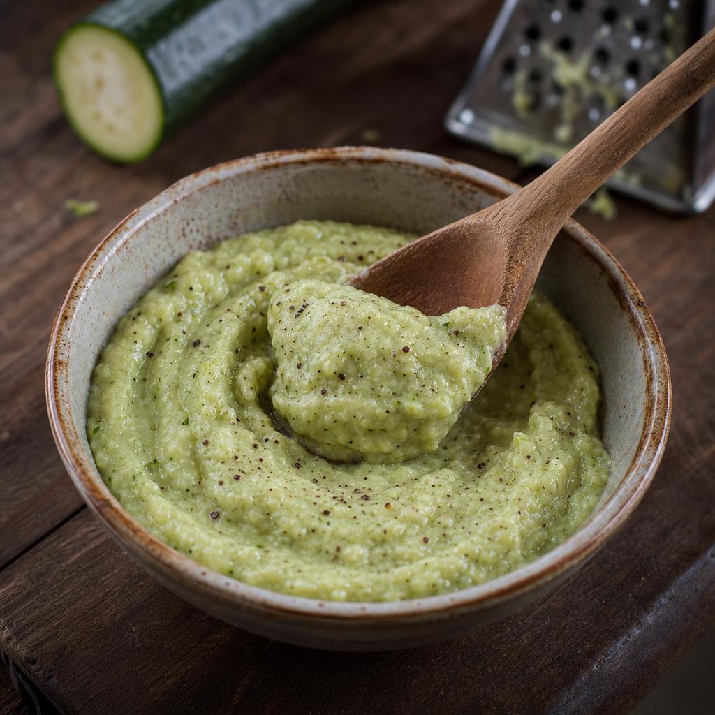 Fertige Zucchinicreme mit Holzlöffel – streichfähige Basis für Pizza statt Tomatensauce