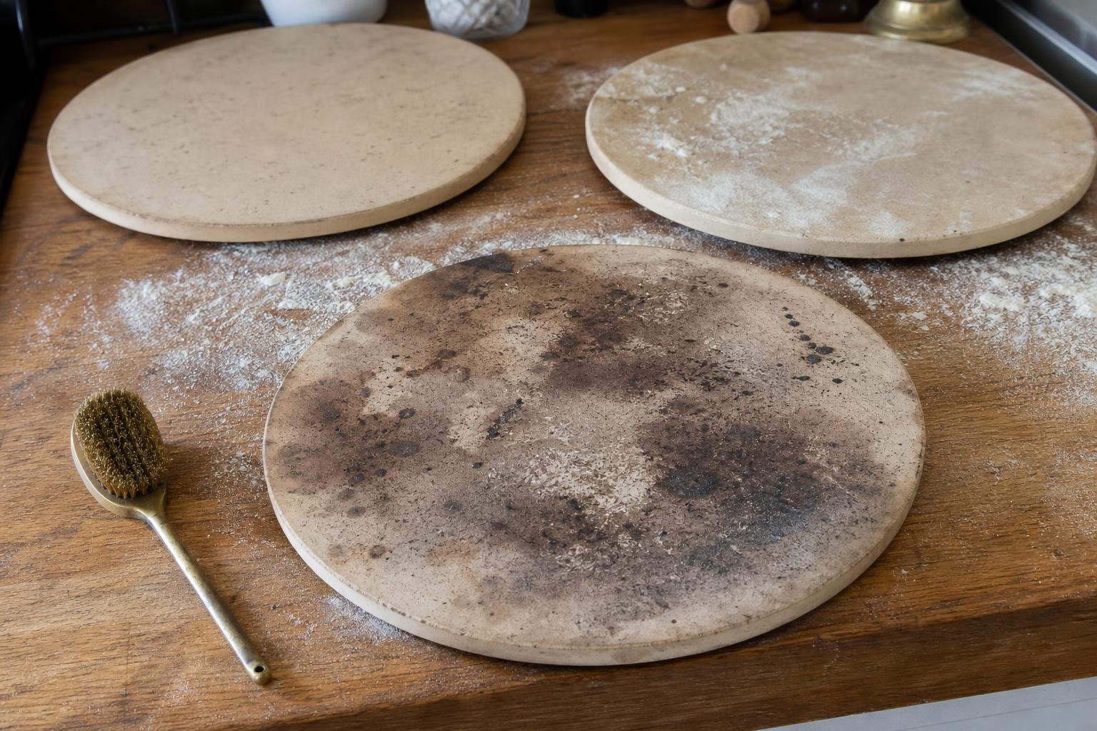 Drei Pizzasteine mit Gebrauchsspuren und Messingbürste auf einem Holztisch – echter Alltagseinsatz