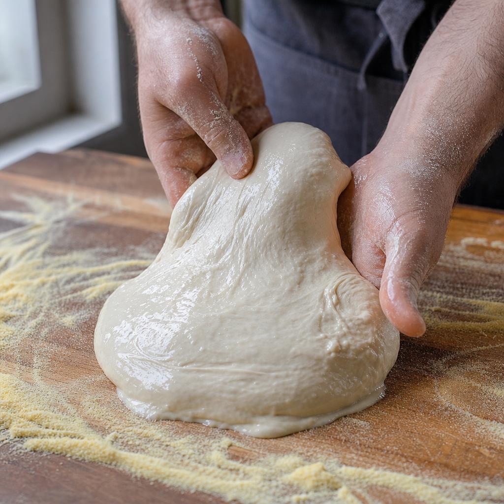 80% Hydration Pizzateig auf Semola – sehr weich, klebrig und schwer zu formen