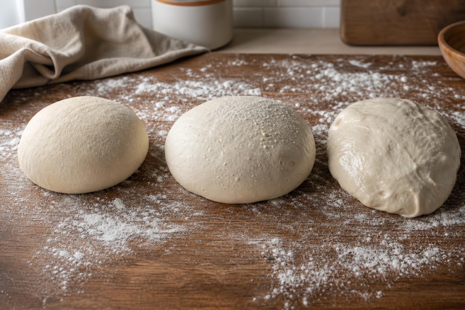 Drei Pizzateige nebeneinander – 60%, 70% und 80% Hydration im Vergleich