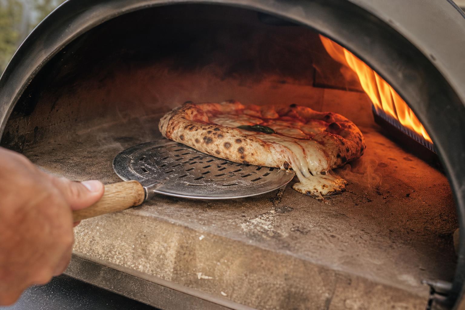 Pizzateig reißt beim Drehen im Gasofen, Käse rutscht auf den heißen Stein