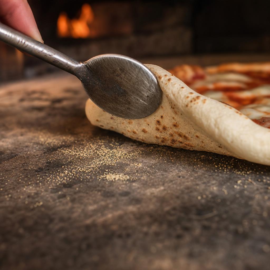 Turning Peel hebt Pizzarand an, um Bräunung der Unterseite zu prüfen