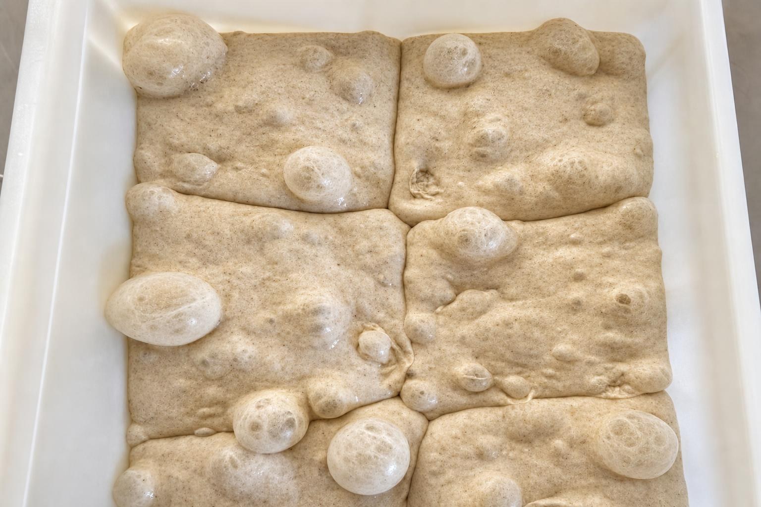 Überfermentierter Pizzateig – große Blasen zeigen Überfermentation in der Kaltgare