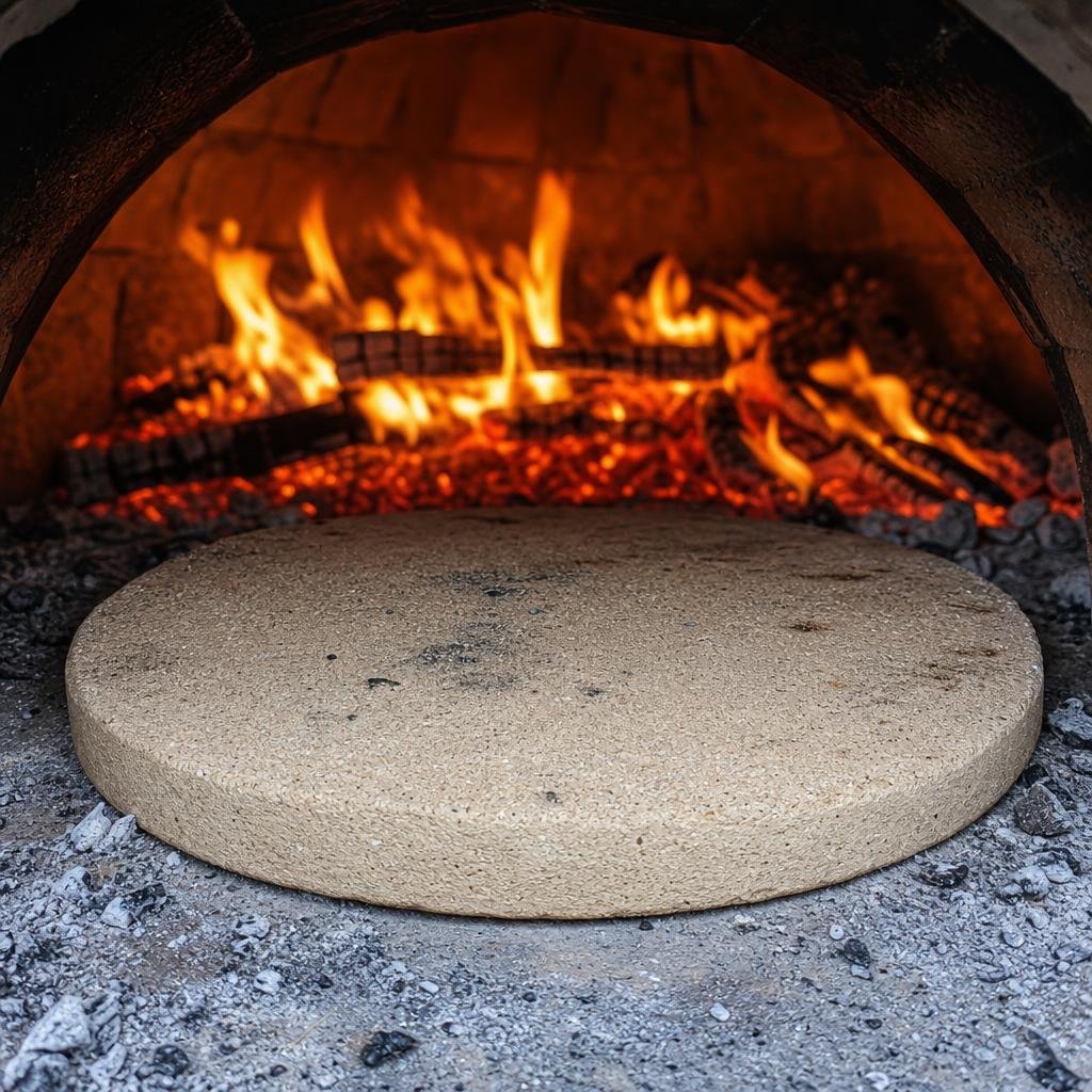 Schamott Pizzastein im Holzofen – helle beige Farbe mit grobkörniger Oberfläche, Feuer im Hintergrund