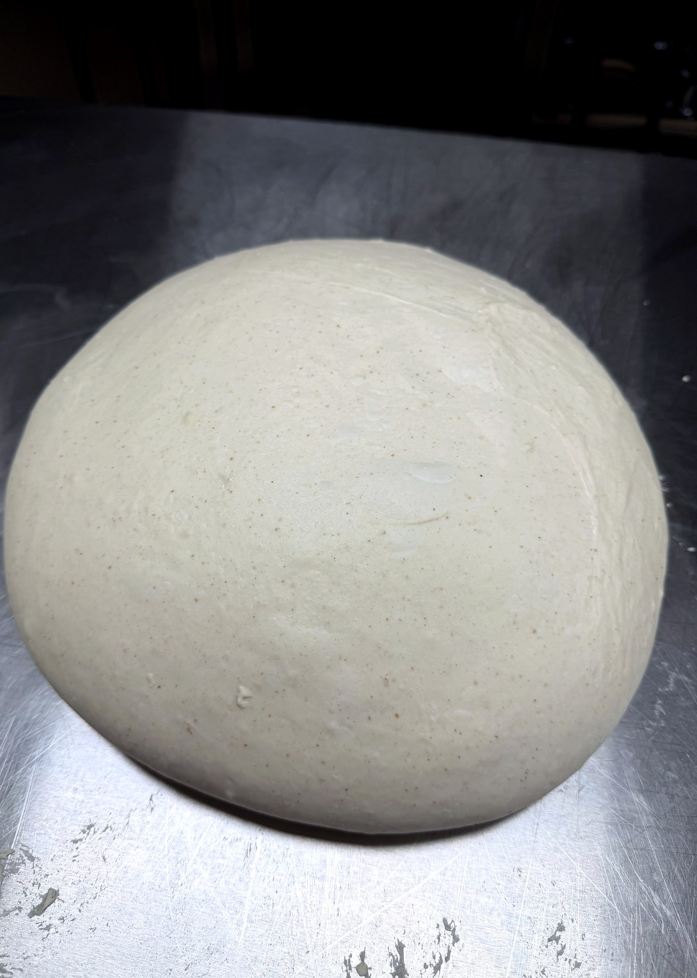 Pizzateigballen aus Tipo-0-Mehl mit sichtbaren feinen Sprenkeln auf der Oberfläche