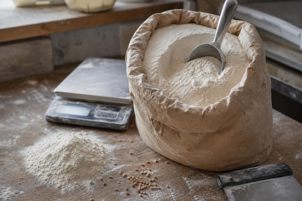 Offener Papiersack mit Pizzamehl und Mehlschaufel auf bemehlter Arbeitsplatte