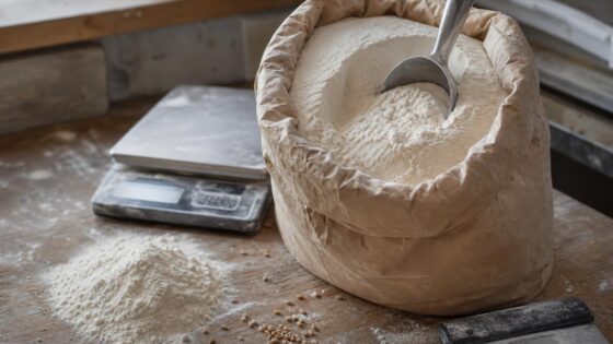 Offener Papiersack mit Pizzamehl und Mehlschaufel auf bemehlter Arbeitsplatte