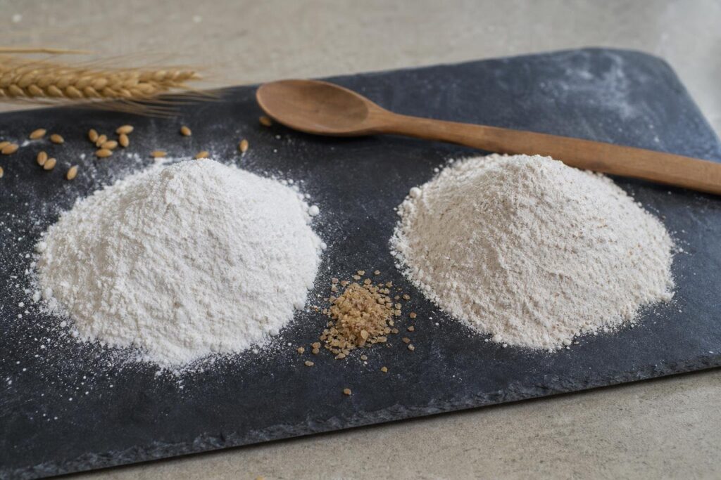 Helles Tipo-00-Mehl und cremefarbenes Mehl mit Weizenkeim nebeneinander, dazwischen Weizenkeimflocken