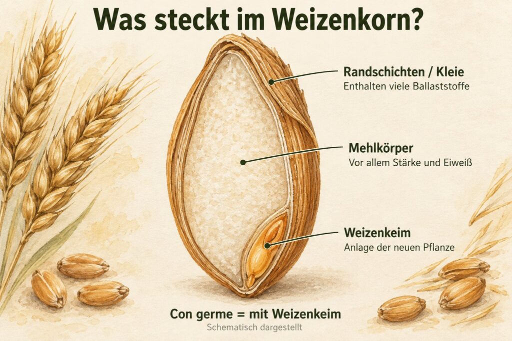 Aufbau des Weizenkorns mit Randschichten, Mehlkörper und Weizenkeim – was con germe im Mehl bedeutet