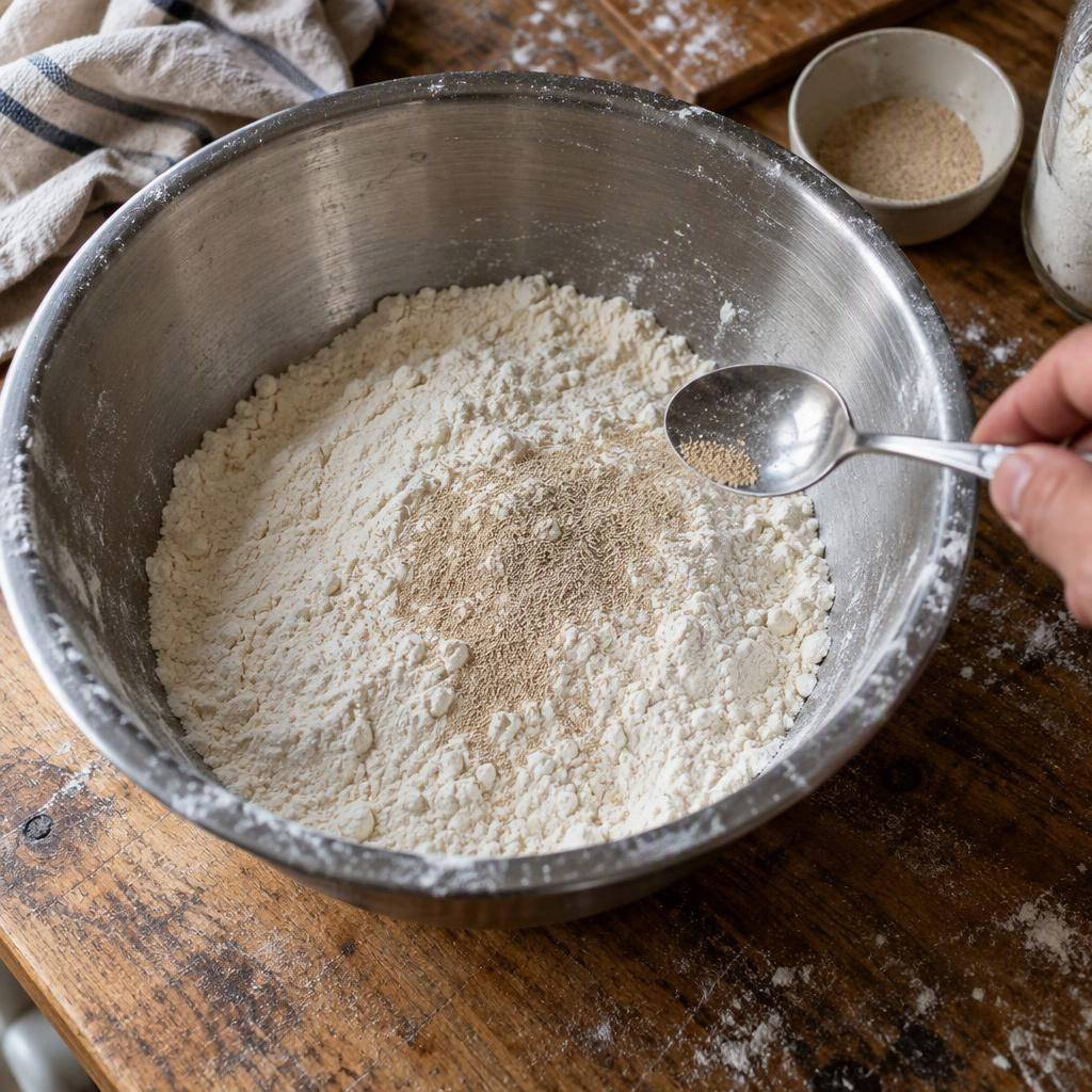 Trockenhefe wird mit dem Teelöffel trocken ins Pizzamehl gestreut